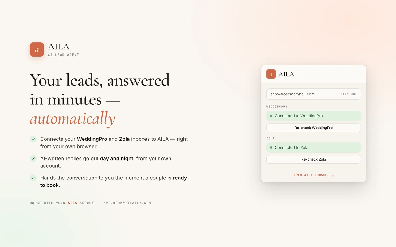 AILA Chrome extension popup for a sample account, connected to both WeddingPro and Zola, with re-check buttons and a link to open the AILA console