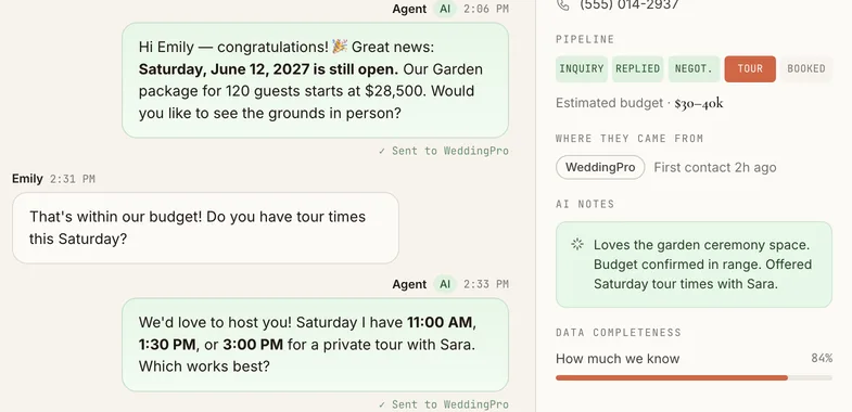 AILA offering three real Saturday tour times in a sample lead conversation, with the pipeline stage advanced to Tour and an AI note that tour times were offered